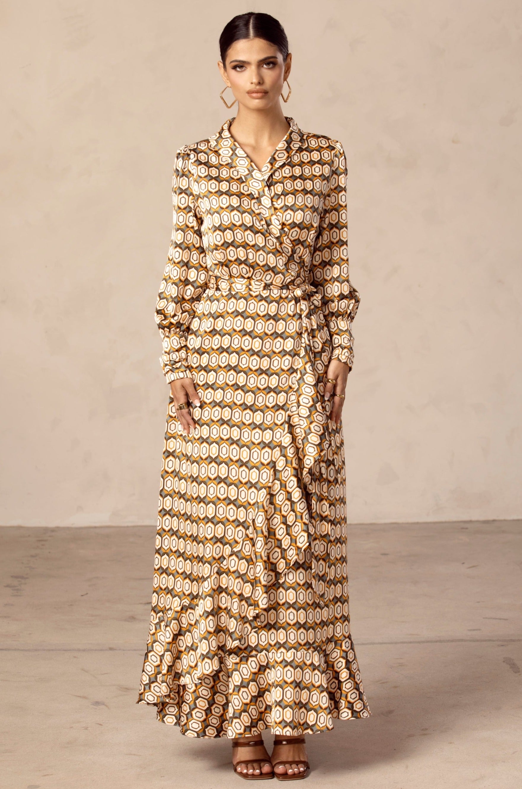 Geo Printed Wrap Waist Maxi Dress